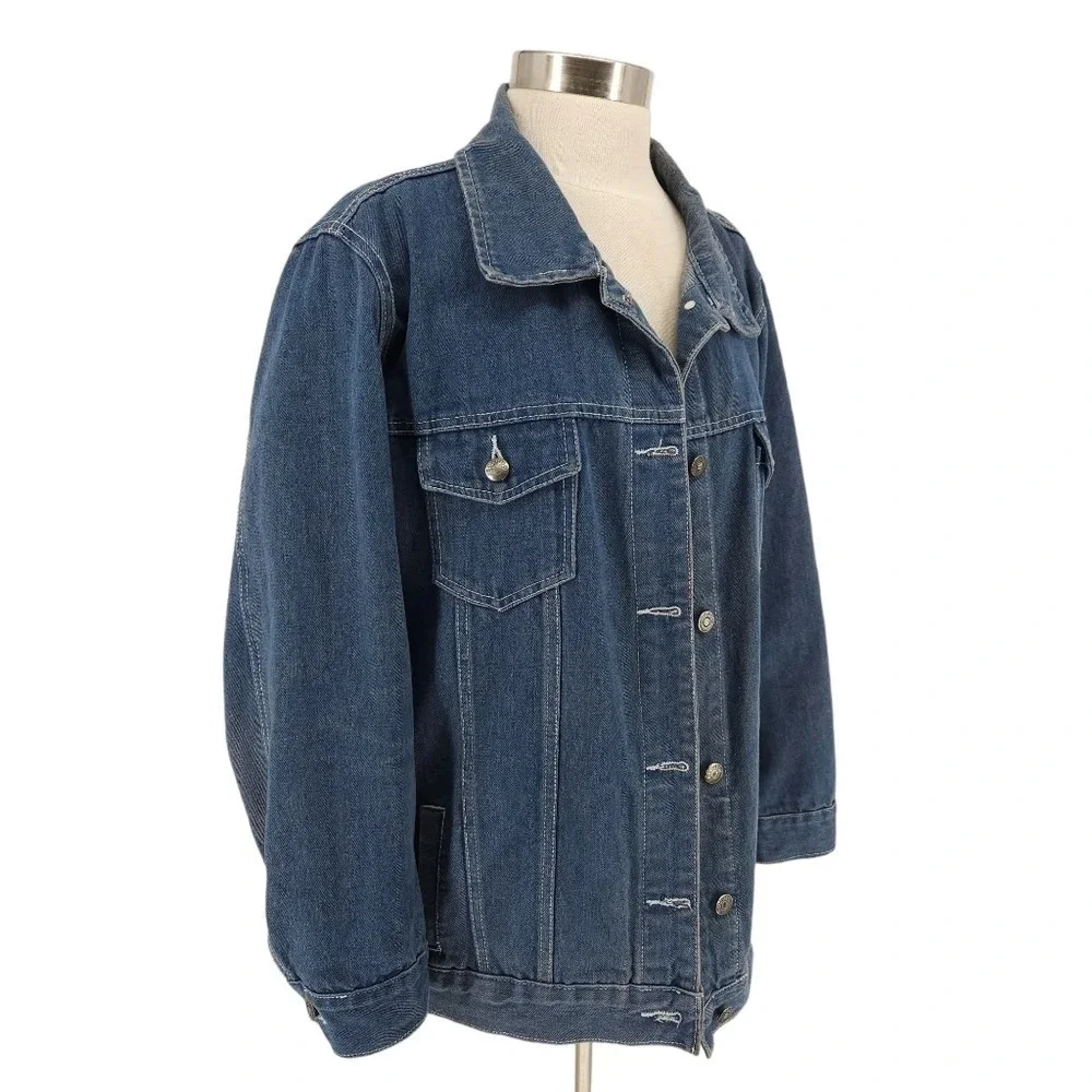 Boohoo Denim Jacket Medium Wash Blue Jean Long Sleeve Button Front Collared
